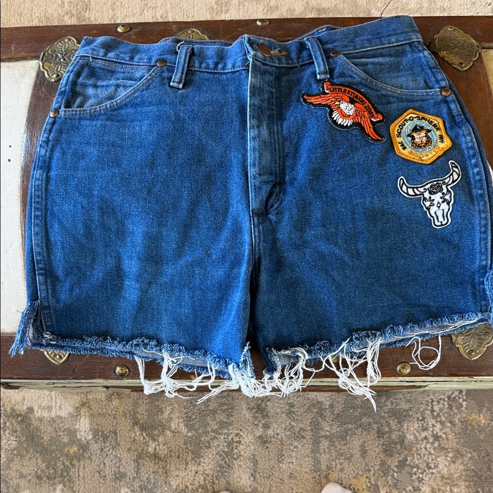 Wrangler Upcycled Blue Denim Women Shorts with Patches